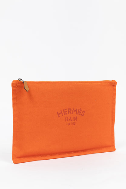 Hermes Flat Yachting GM Orange Logo Toile Pouch