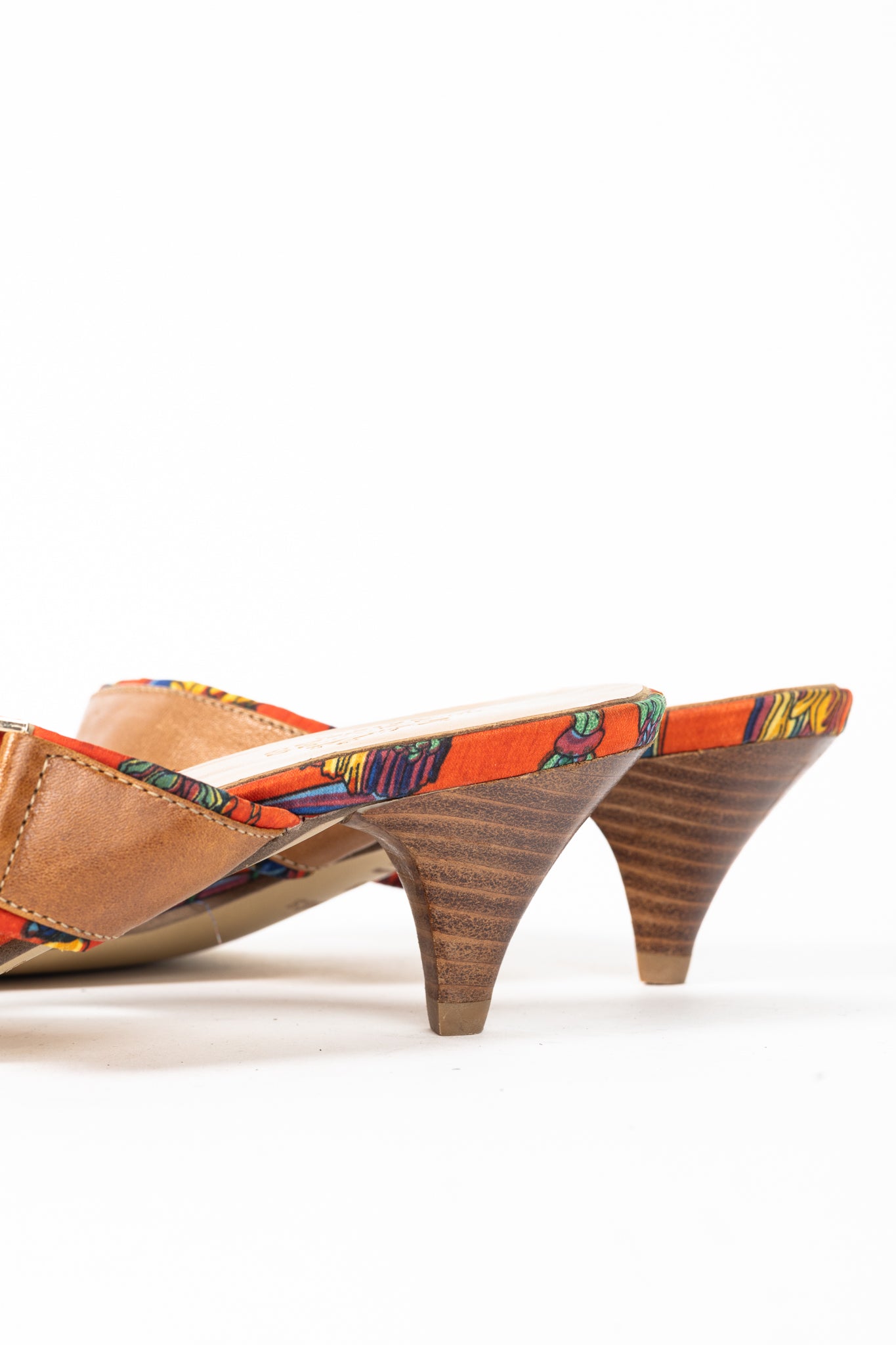Hermes Brown Leather & Orange Printed-Silk Mule Sandals
