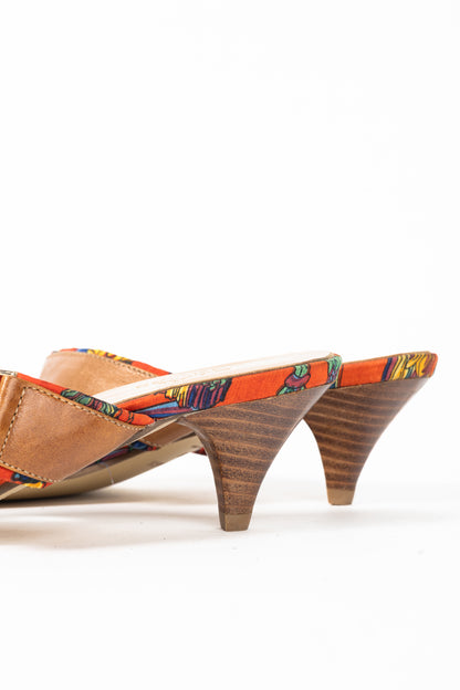 Hermes Brown Leather & Orange Printed-Silk Mule Sandals