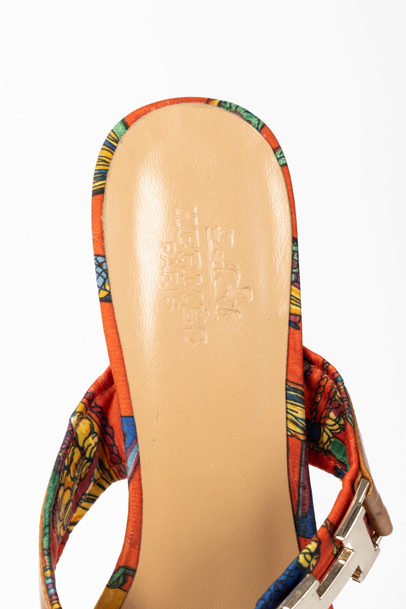 Hermes Brown Leather & Orange Printed-Silk Mule Sandals