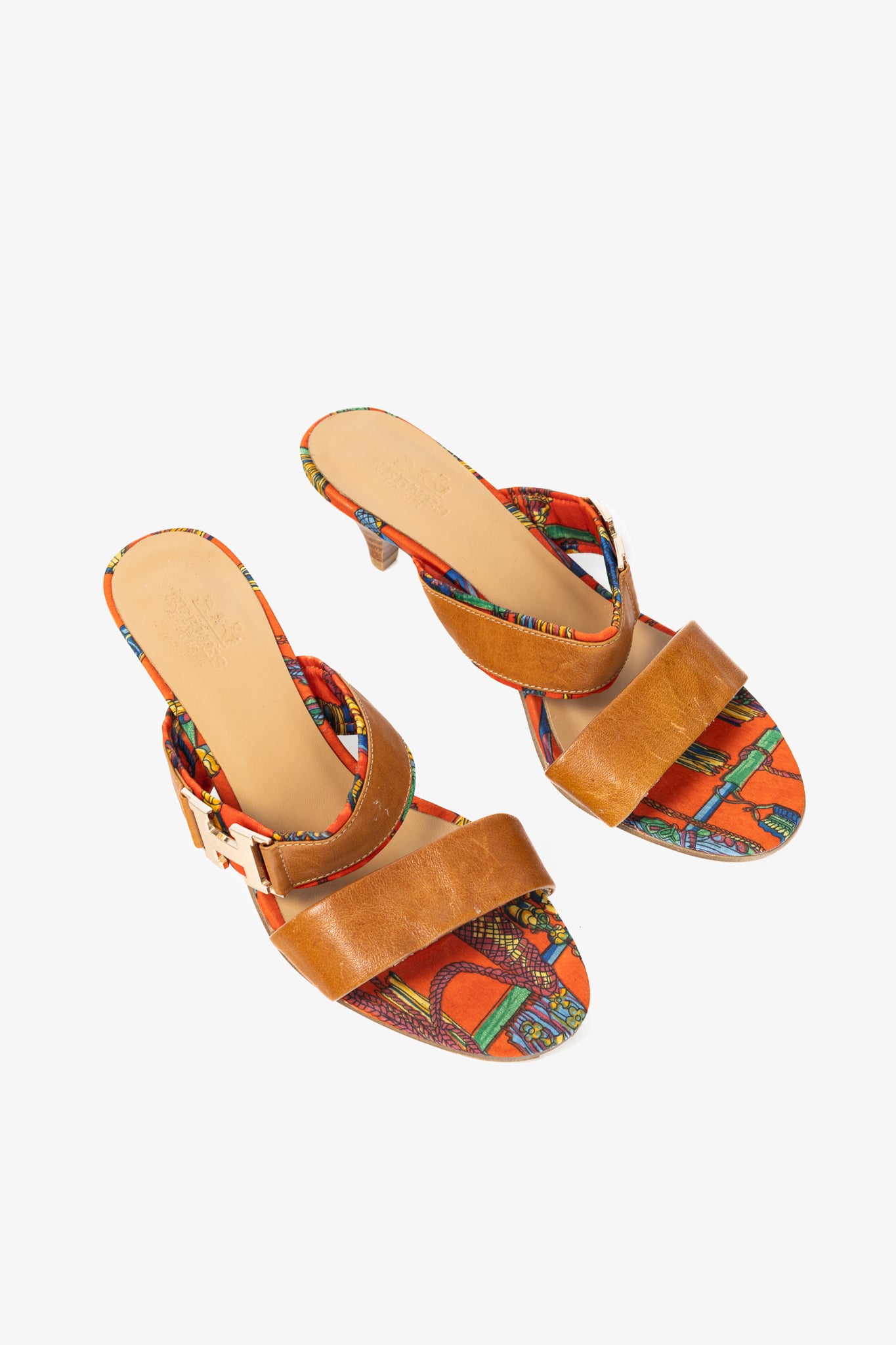 Hermes Brown Leather & Orange Printed-Silk Mule Sandals