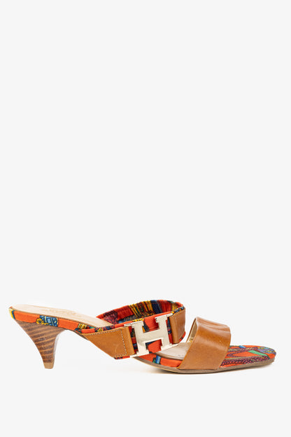 Hermes Brown Leather & Orange Printed-Silk Mule Sandals