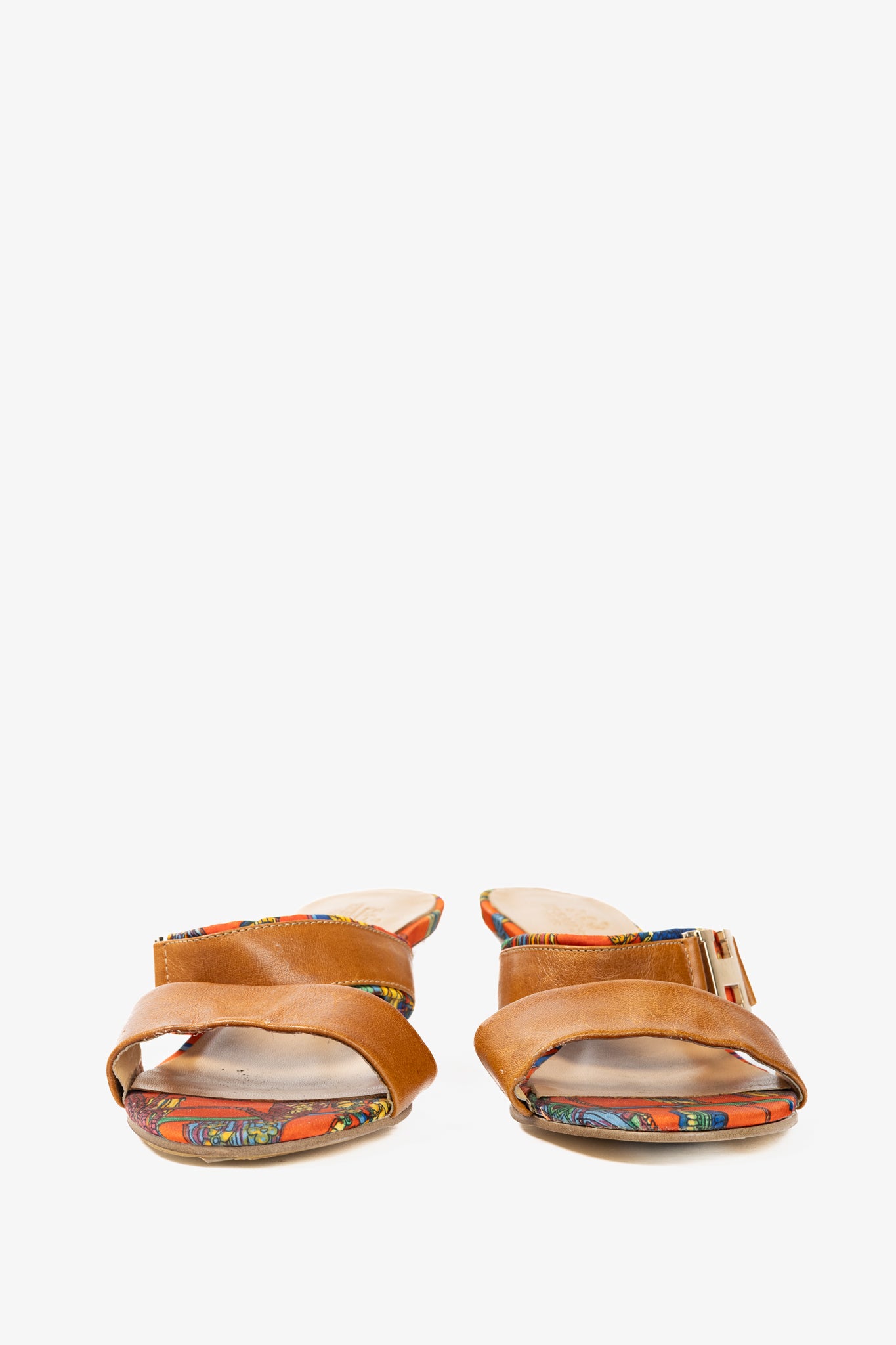 Hermes Brown Leather & Orange Printed-Silk Mule Sandals