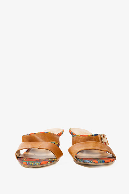 Hermes Brown Leather & Orange Printed-Silk Mule Sandals