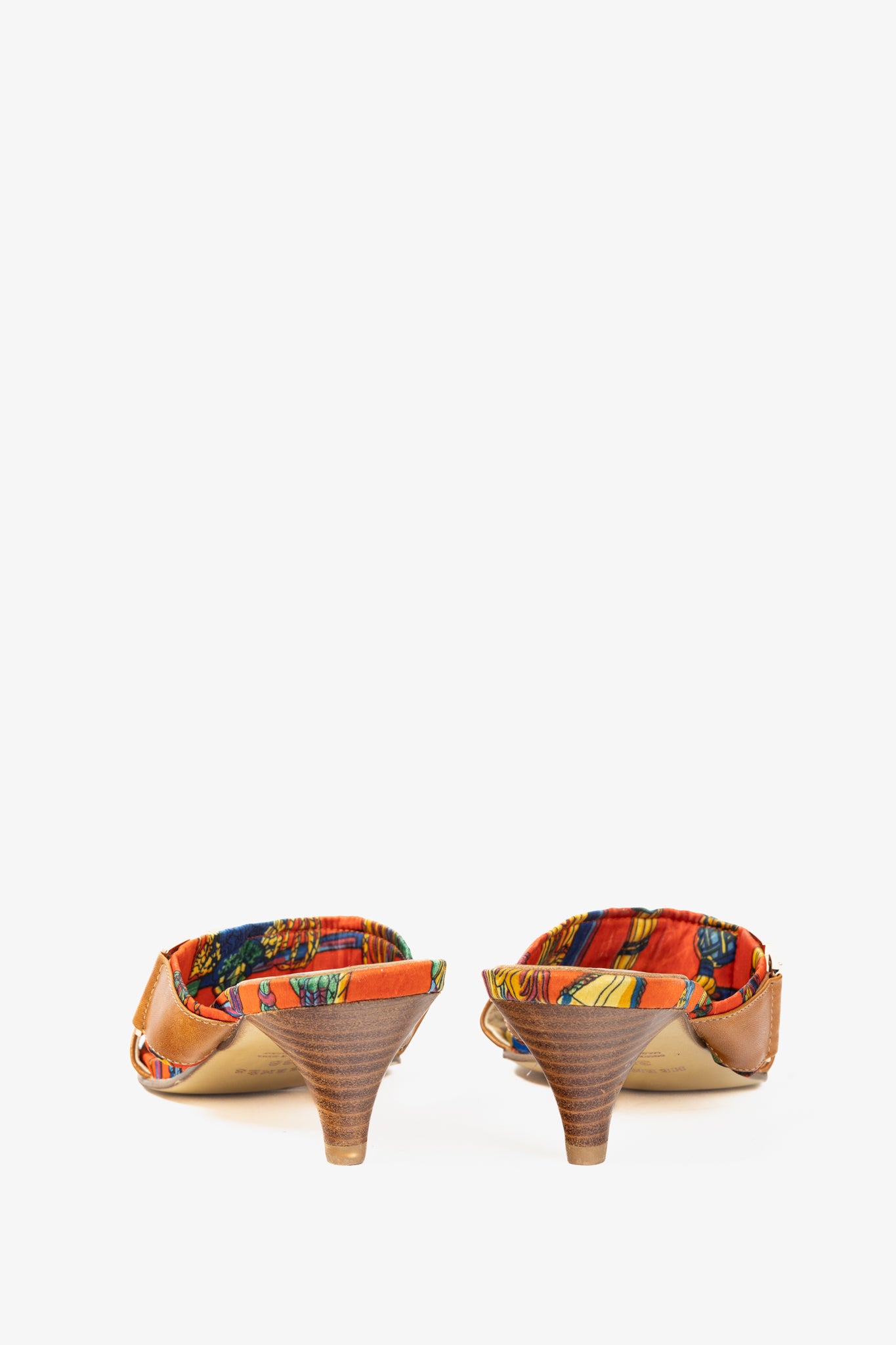 Hermes Brown Leather & Orange Printed-Silk Mule Sandals