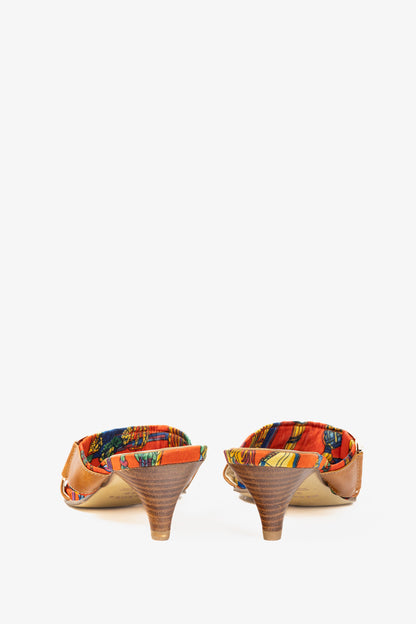 Hermes Brown Leather & Orange Printed-Silk Mule Sandals