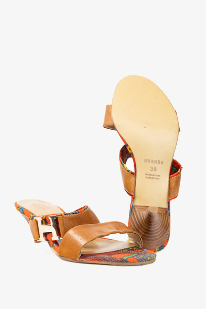 Hermes Brown Leather & Orange Printed-Silk Mule Sandals