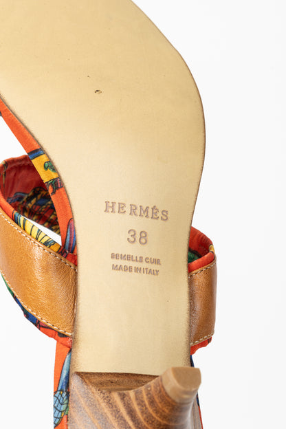 Hermes Brown Leather & Orange Printed-Silk Mule Sandals