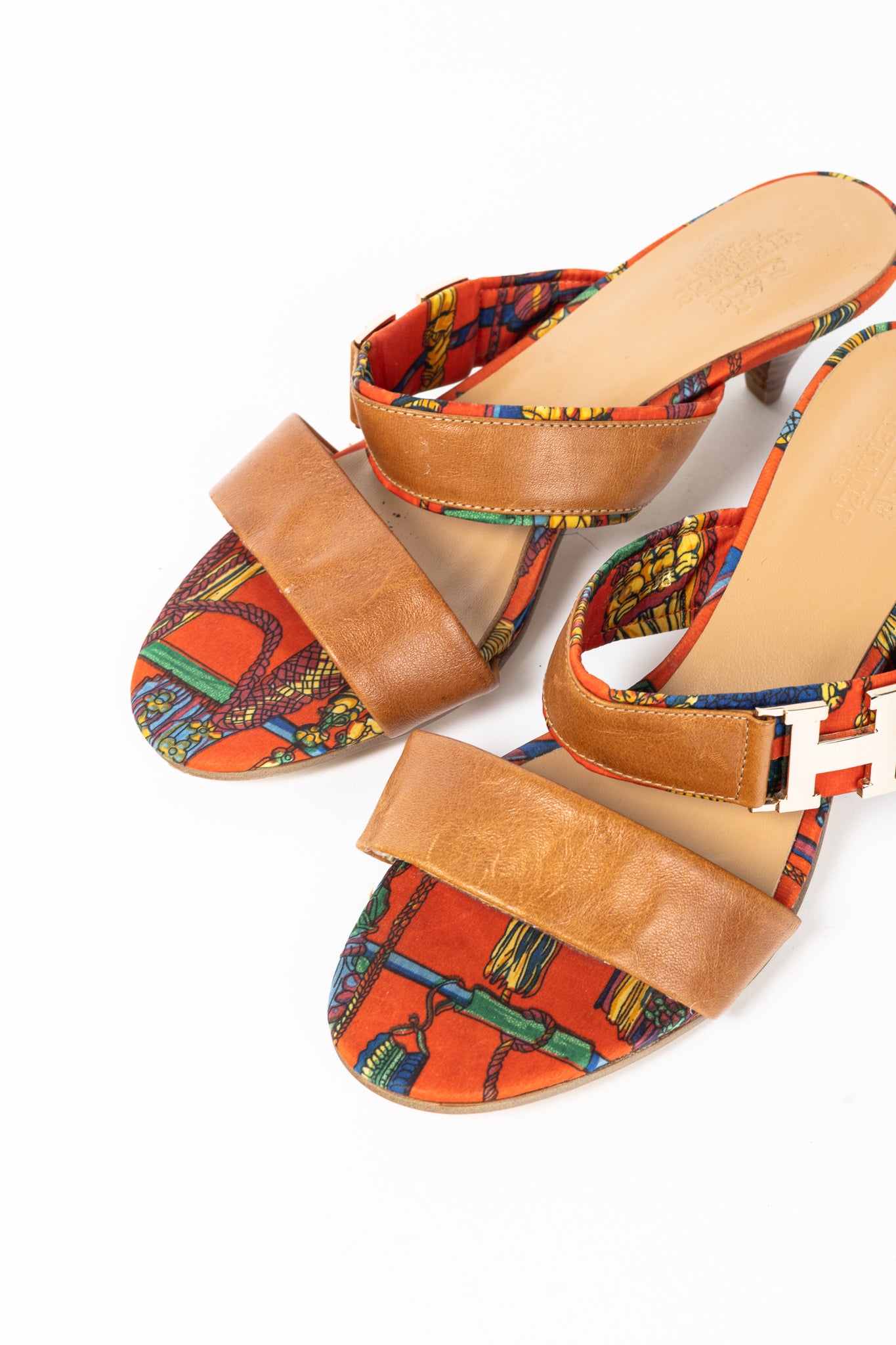 Hermes Brown Leather & Orange Printed-Silk Mule Sandals