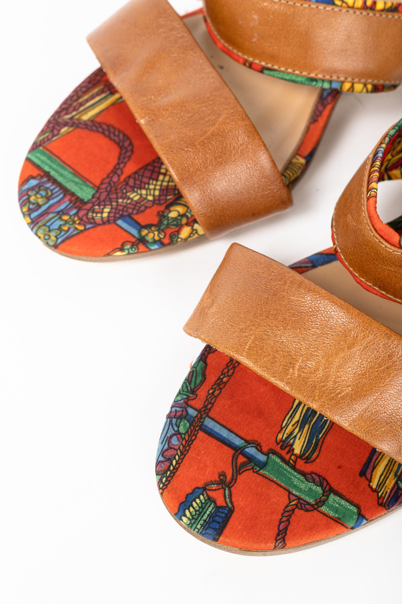 Hermes Brown Leather & Orange Printed-Silk Mule Sandals