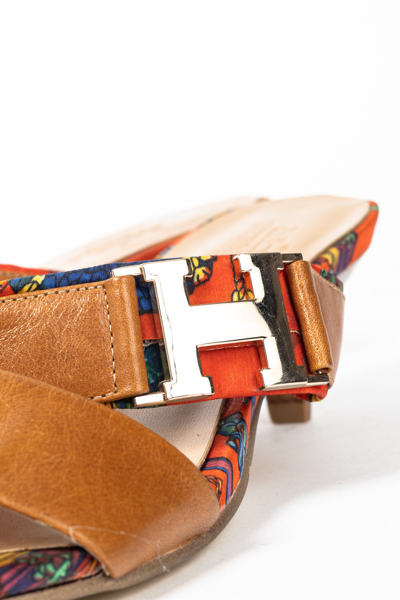 Hermes Brown Leather & Orange Printed-Silk Mule Sandals