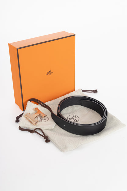 Hermes Noir/Noir Reversible Box 135 & Togo Leather Belt w/ Rose Gold-Plated Brass H Buckle