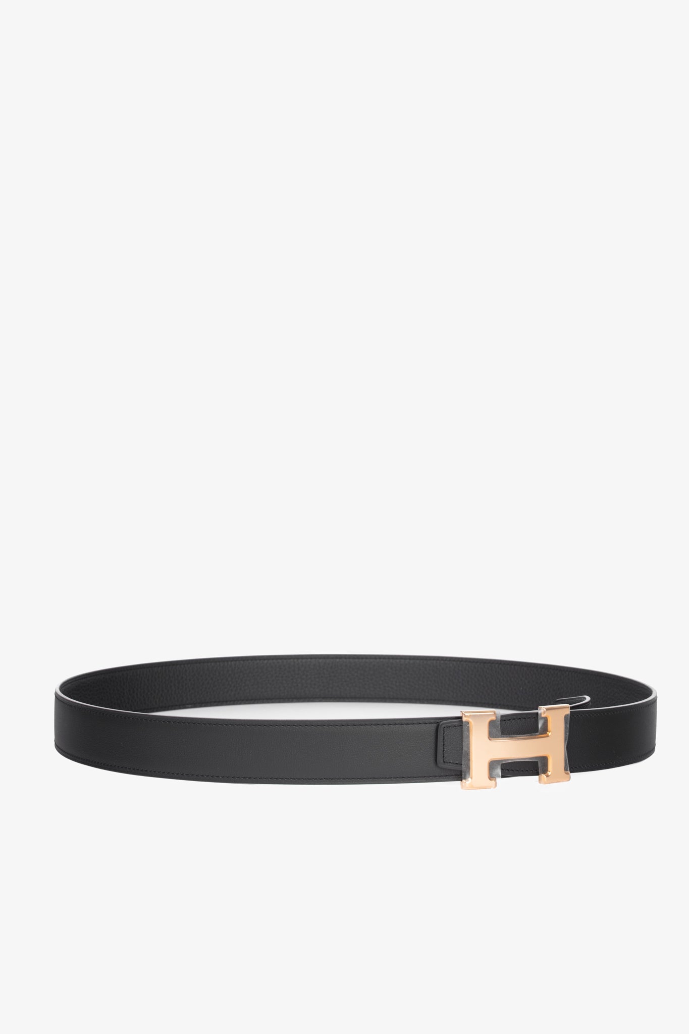 Hermes Noir/Noir Reversible Box 135 & Togo Leather Belt w/ Rose Gold-Plated Brass H Buckle