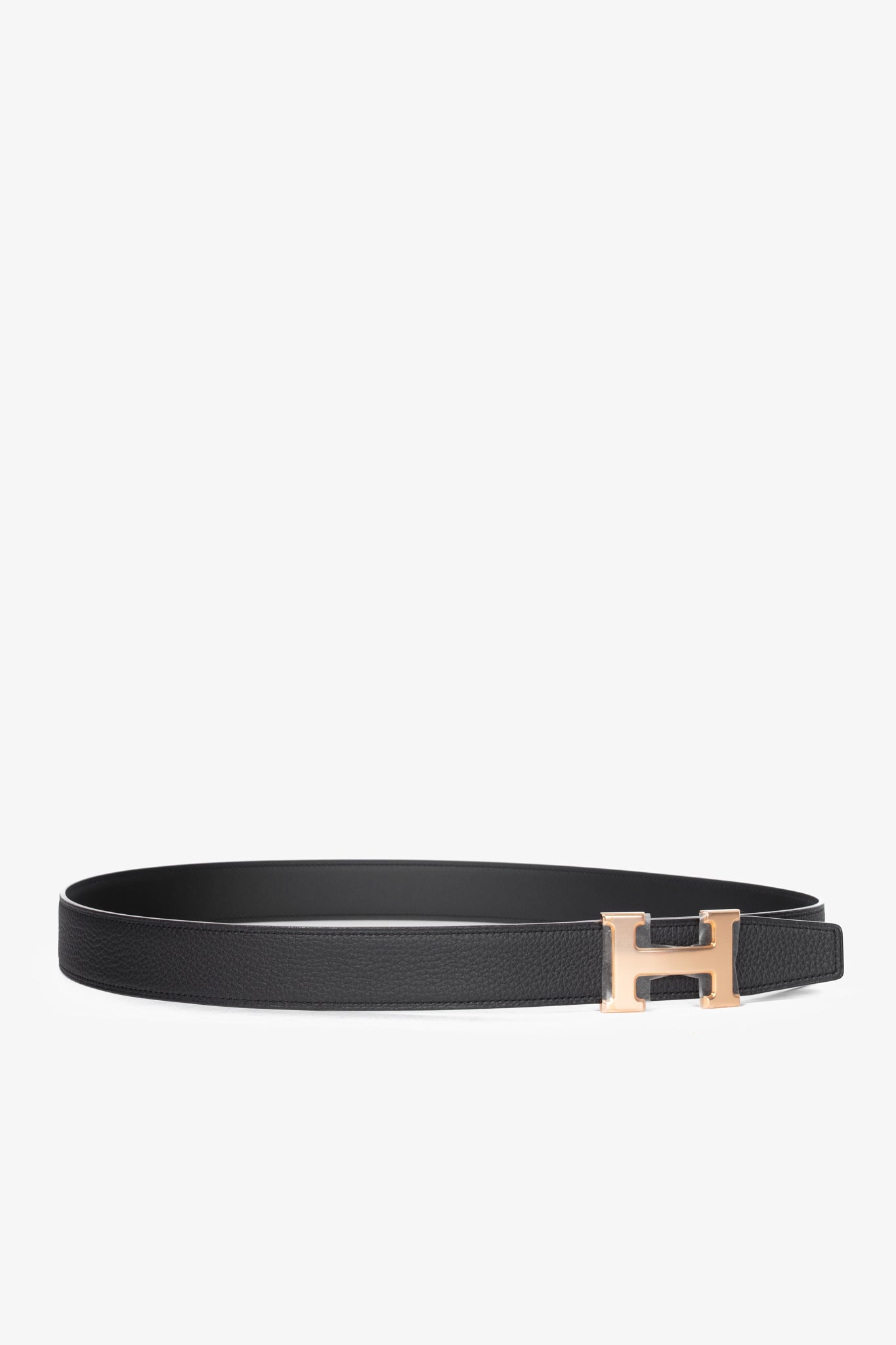 Hermes Noir/Noir Reversible Box 135 & Togo Leather Belt w/ Rose Gold-Plated Brass H Buckle