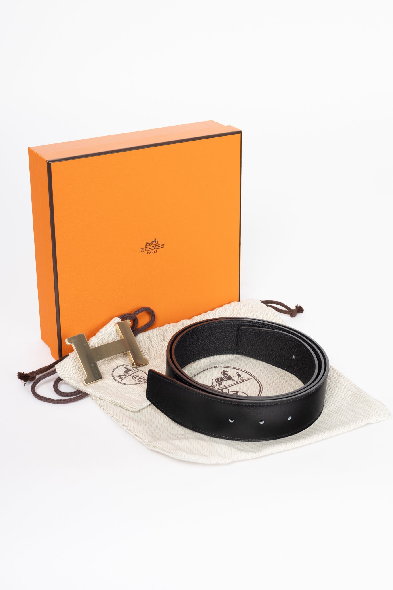 Hermes Noir/Noir Reversible Odyssee & Epsom Leather Belt w/ Gold-Plated Brass H Buckle