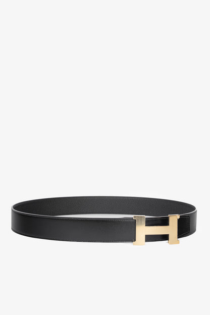 Hermes Noir/Noir Reversible Odyssee & Epsom Leather Belt w/ Gold-Plated Brass H Buckle