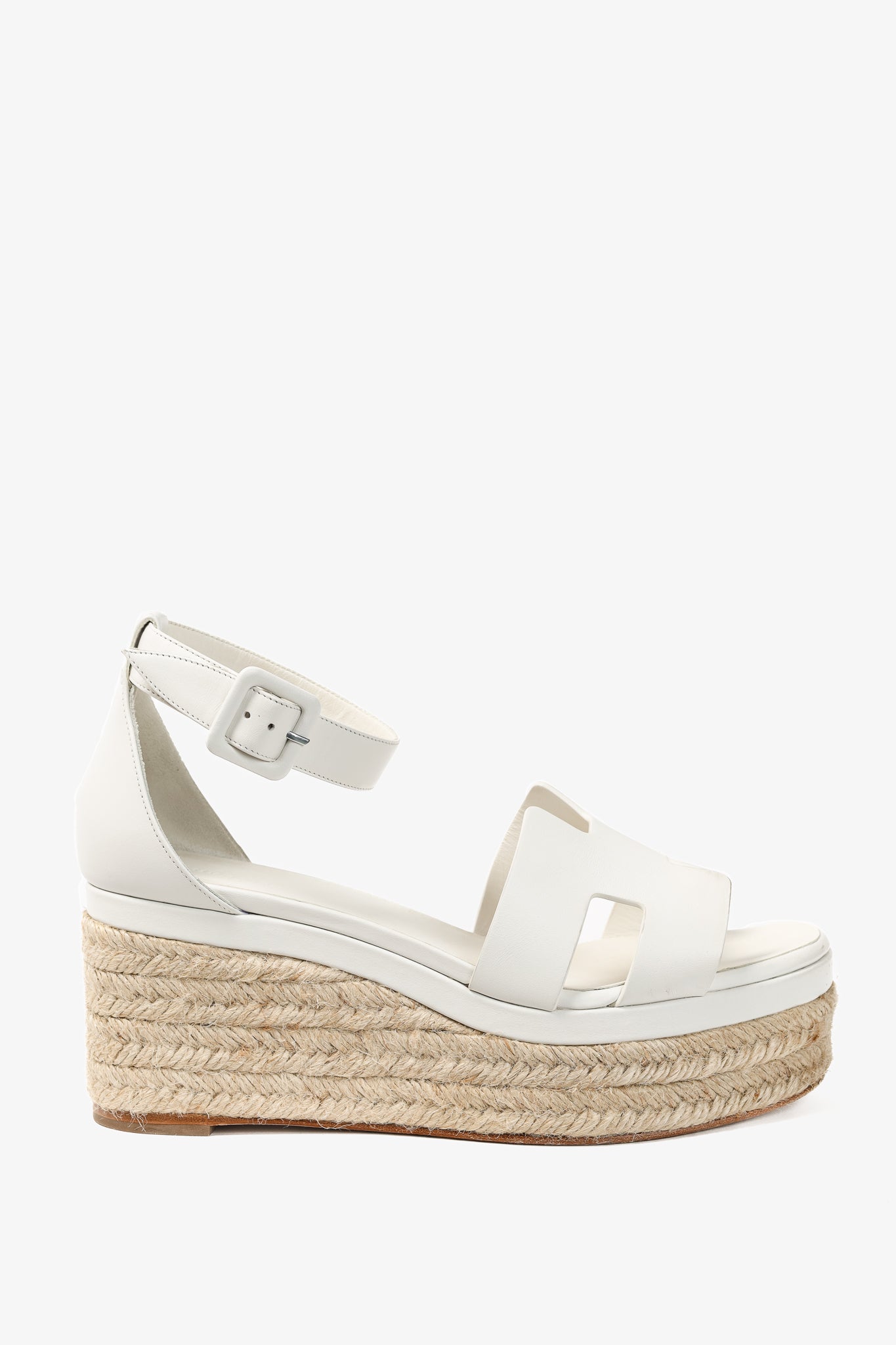 Hermes Elda White Goatskin Espadrille Wedge "H" Sandals