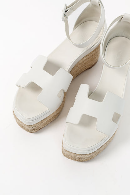 Hermes Elda White Goatskin Espadrille Wedge "H" Sandals