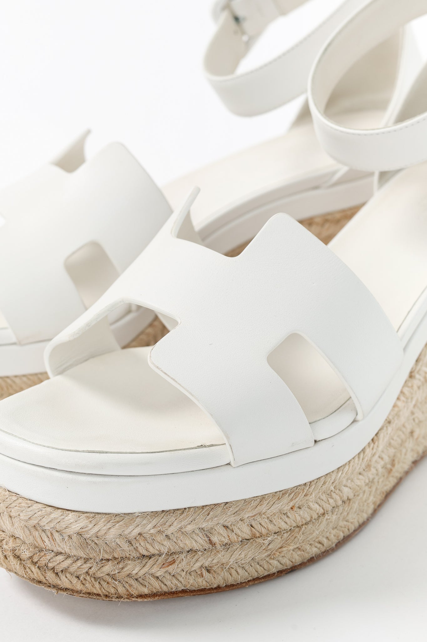 Hermes Elda White Goatskin Espadrille Wedge "H" Sandals