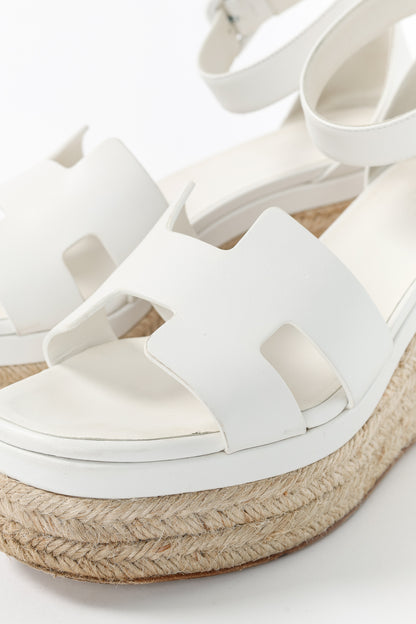 Hermes Elda White Goatskin Espadrille Wedge "H" Sandals