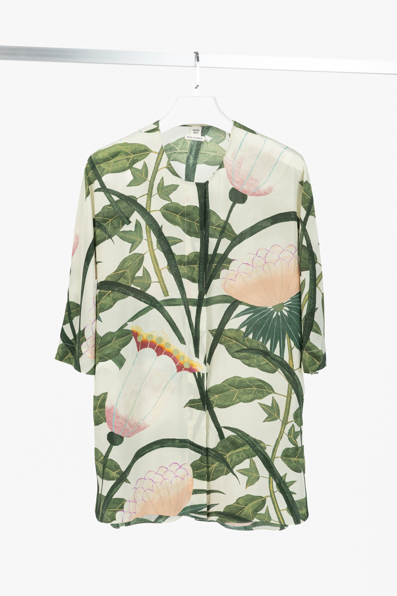 Hermes Cream & Green Silk Floral Buttoned Blouse