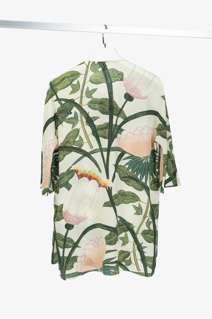 Hermes Cream & Green Silk Floral Buttoned Blouse