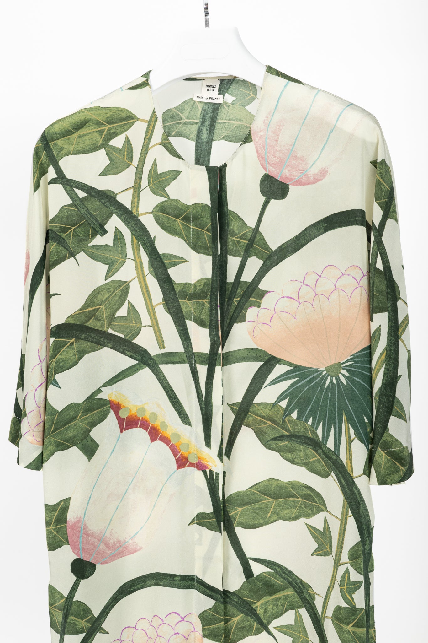 Hermes Cream & Green Silk Floral Buttoned Blouse