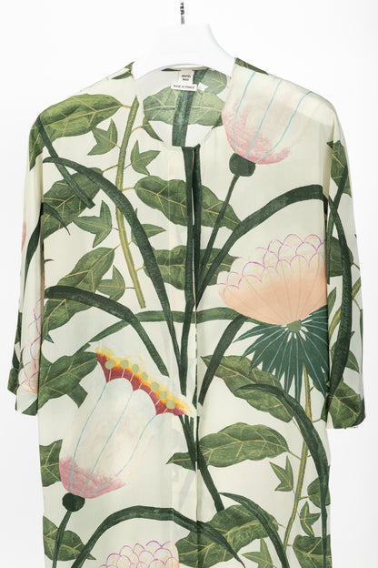 Hermes Cream & Green Silk Floral Buttoned Blouse