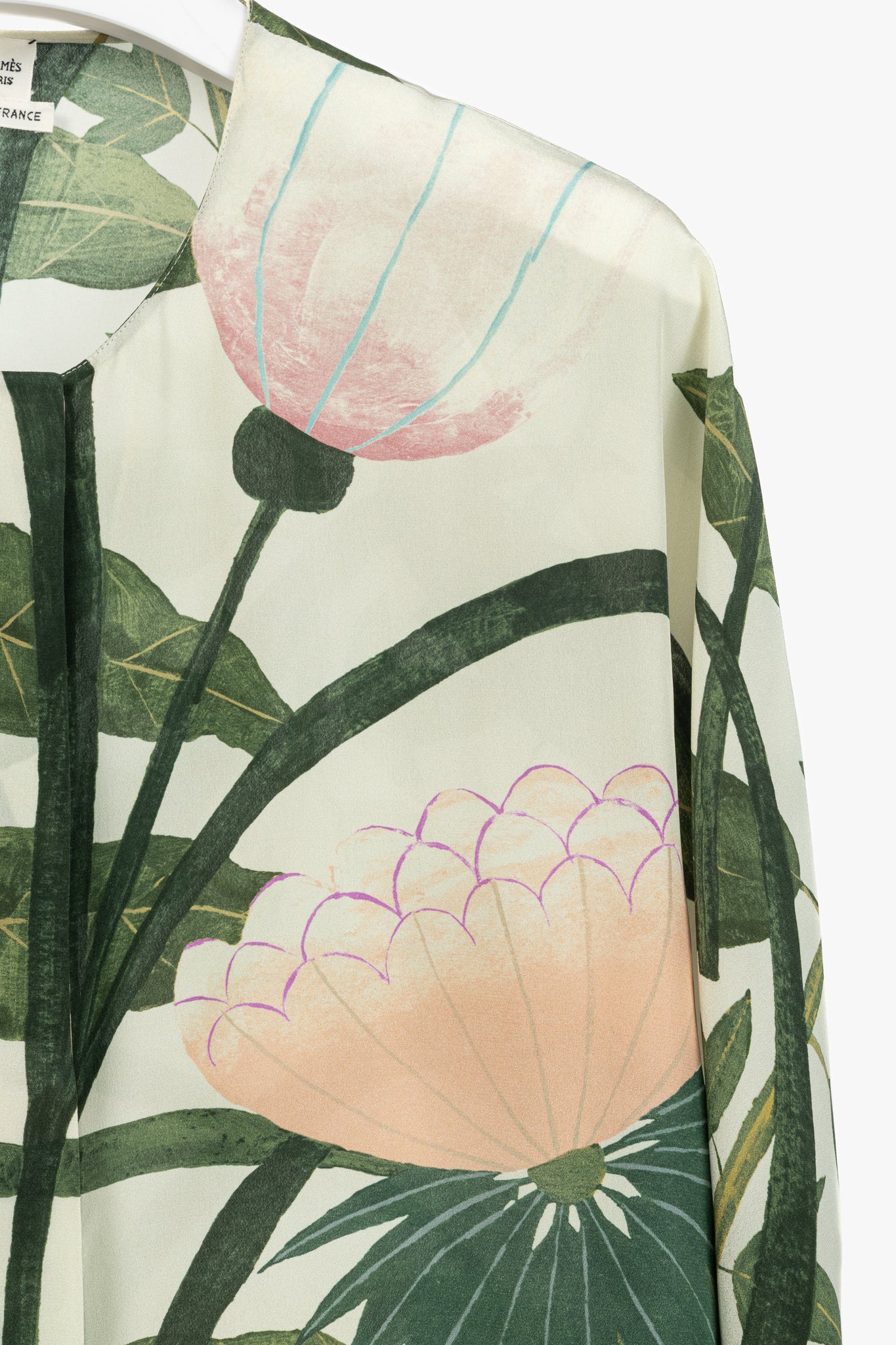 Hermes Cream & Green Silk Floral Buttoned Blouse