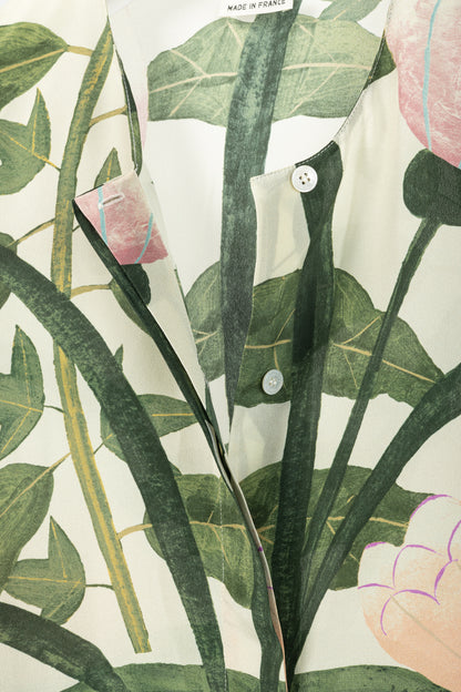Hermes Cream & Green Silk Floral Buttoned Blouse