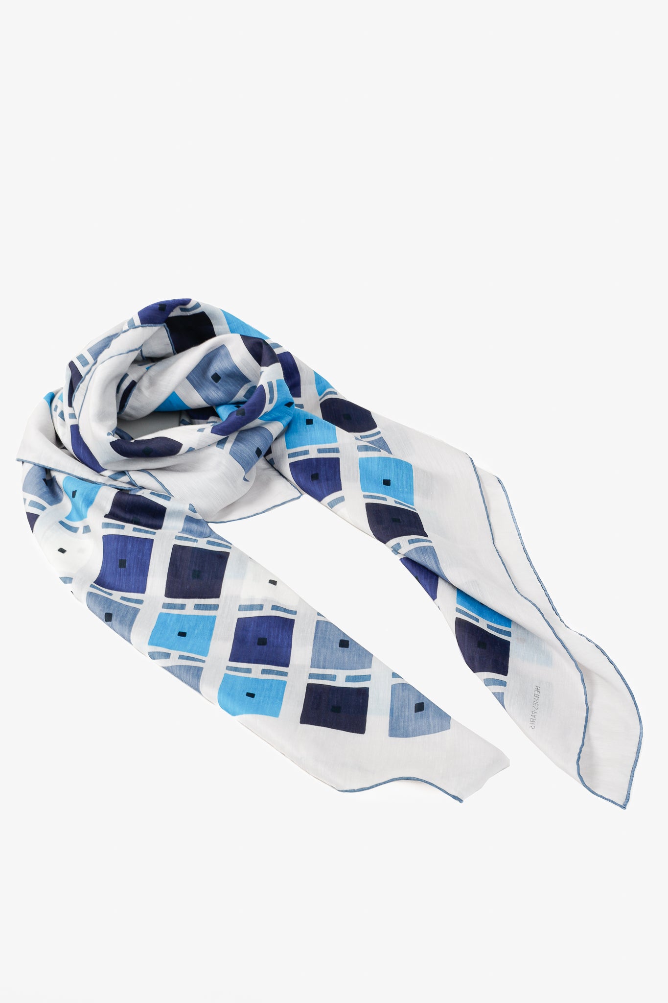 Hermes 140 White & Blue Cotton-Blend Square-Print Scarf