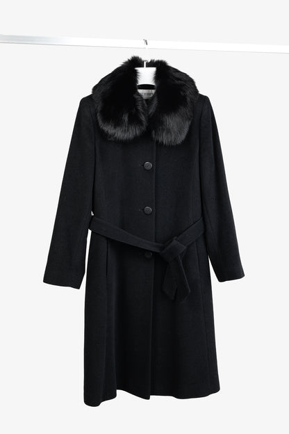Holt Renfrew Black Wool Fur-Collar Belted Maxi Coat