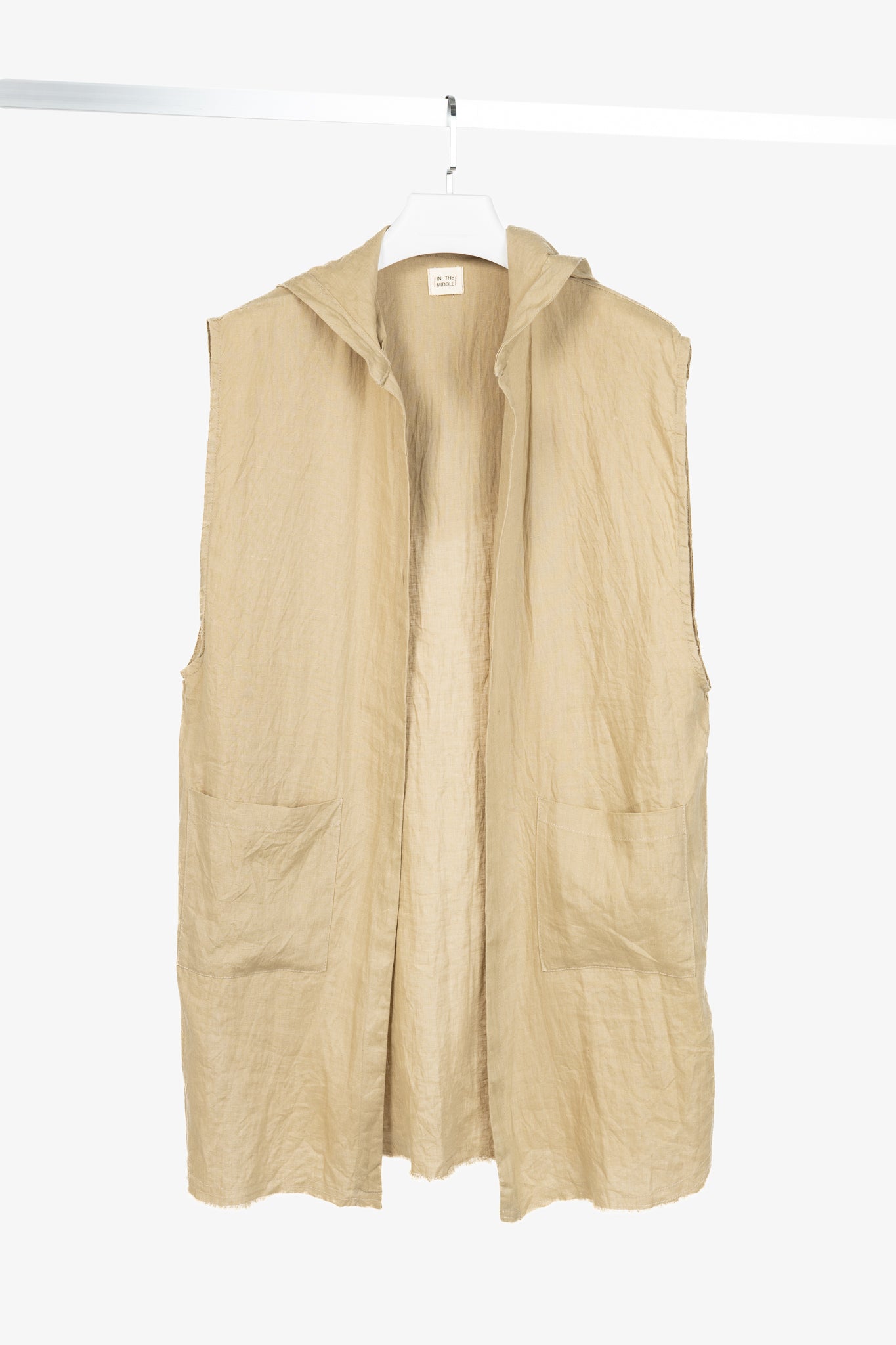 IN THE MIDDLE Ibiza Tan Linen Open-Front Hoodie Vest