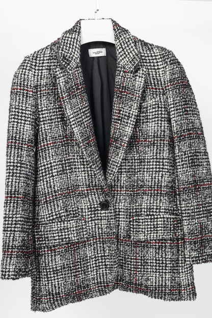 Isabel Marant Etoile Ice Black & Ecru Plaid Wool Tweed Blazer