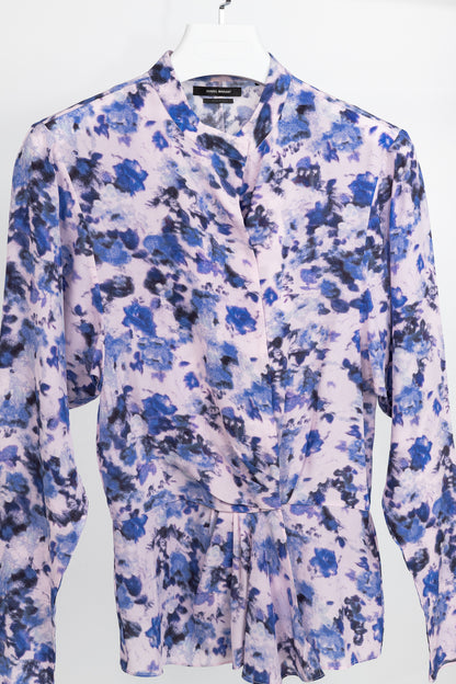 Isabel Marant Fidaje Blue Floral-Print Silk Crepe De Chine Gathered Blouse