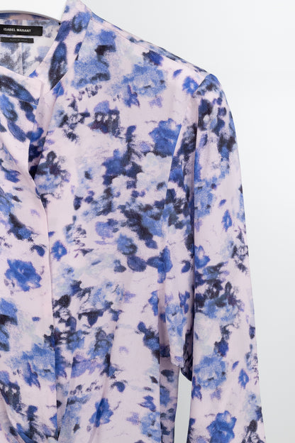 Isabel Marant Fidaje Blue Floral-Print Silk Crepe De Chine Gathered Blouse