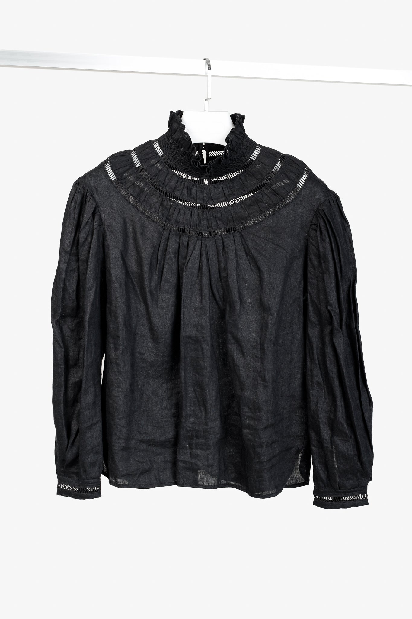 Isabel Marant Etoile Resort 2020 Amalia Black Linen Ruffle-Neck Long-Sleeve Blouse