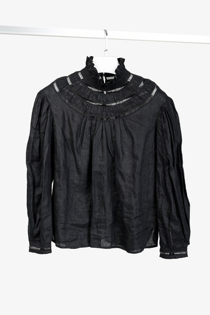 Isabel Marant Etoile Resort 2020 Amalia Black Linen Ruffle-Neck Long-Sleeve Blouse