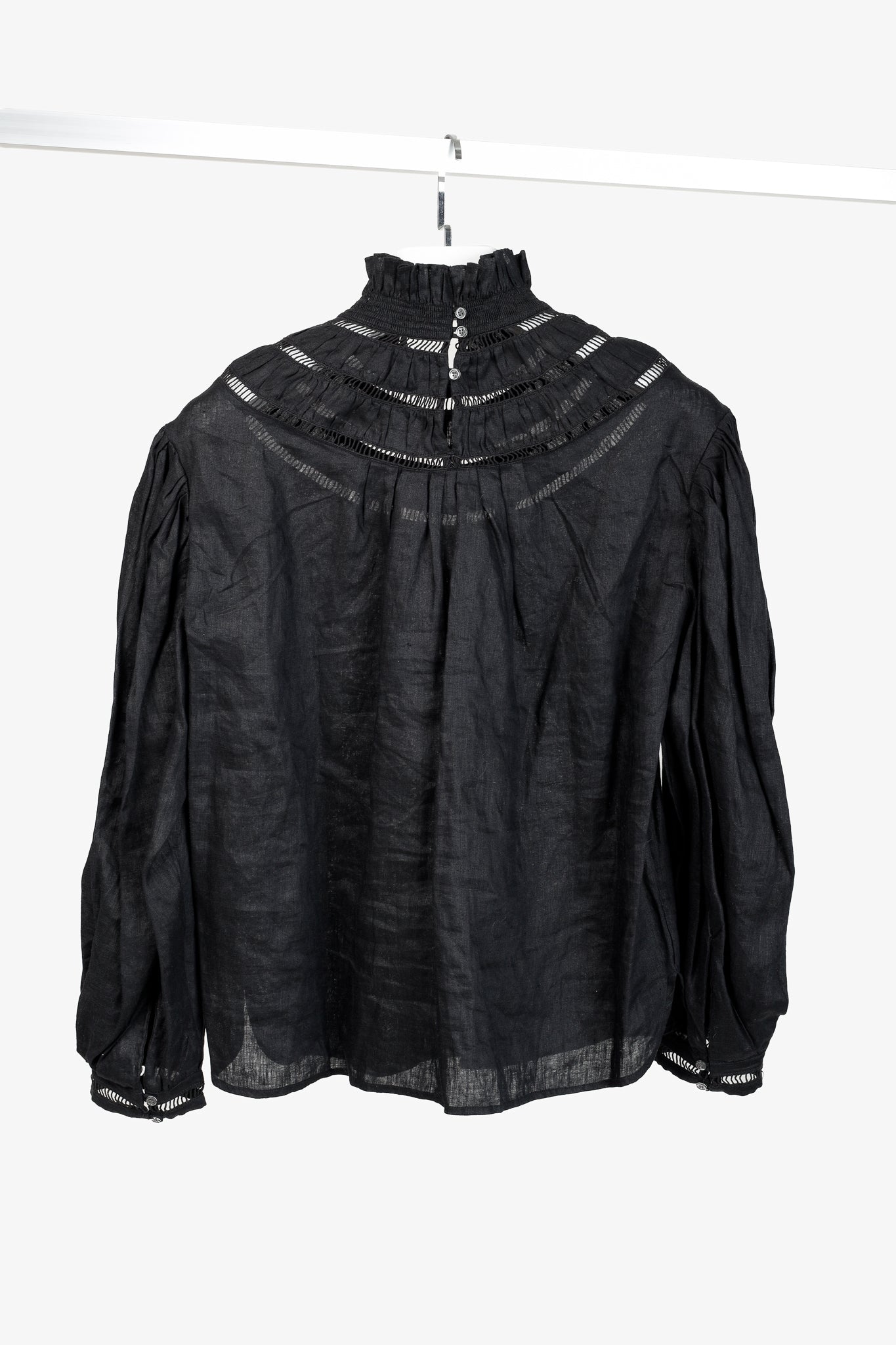 Isabel Marant Etoile Resort 2020 Amalia Black Linen Ruffle-Neck Long-Sleeve Blouse