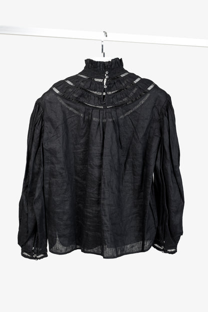 Isabel Marant Etoile Resort 2020 Amalia Black Linen Ruffle-Neck Long-Sleeve Blouse