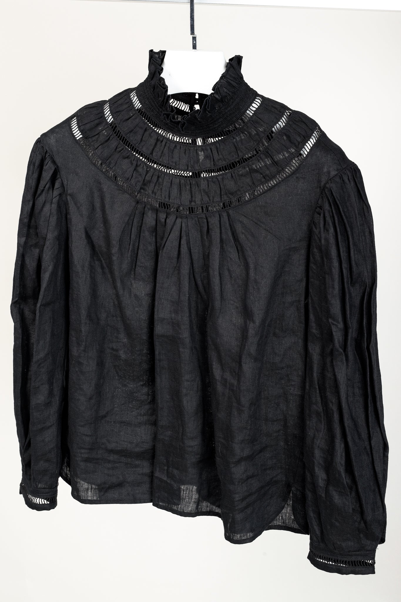Isabel Marant Etoile Resort 2020 Amalia Black Linen Ruffle-Neck Long-Sleeve Blouse