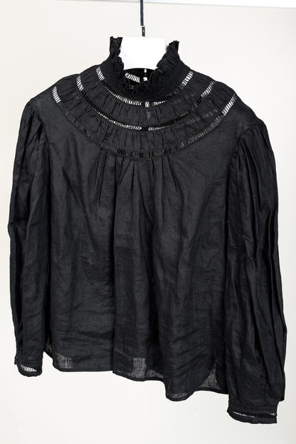 Isabel Marant Etoile Resort 2020 Amalia Black Linen Ruffle-Neck Long-Sleeve Blouse