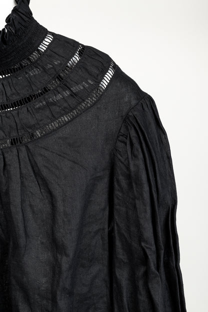 Isabel Marant Etoile Resort 2020 Amalia Black Linen Ruffle-Neck Long-Sleeve Blouse