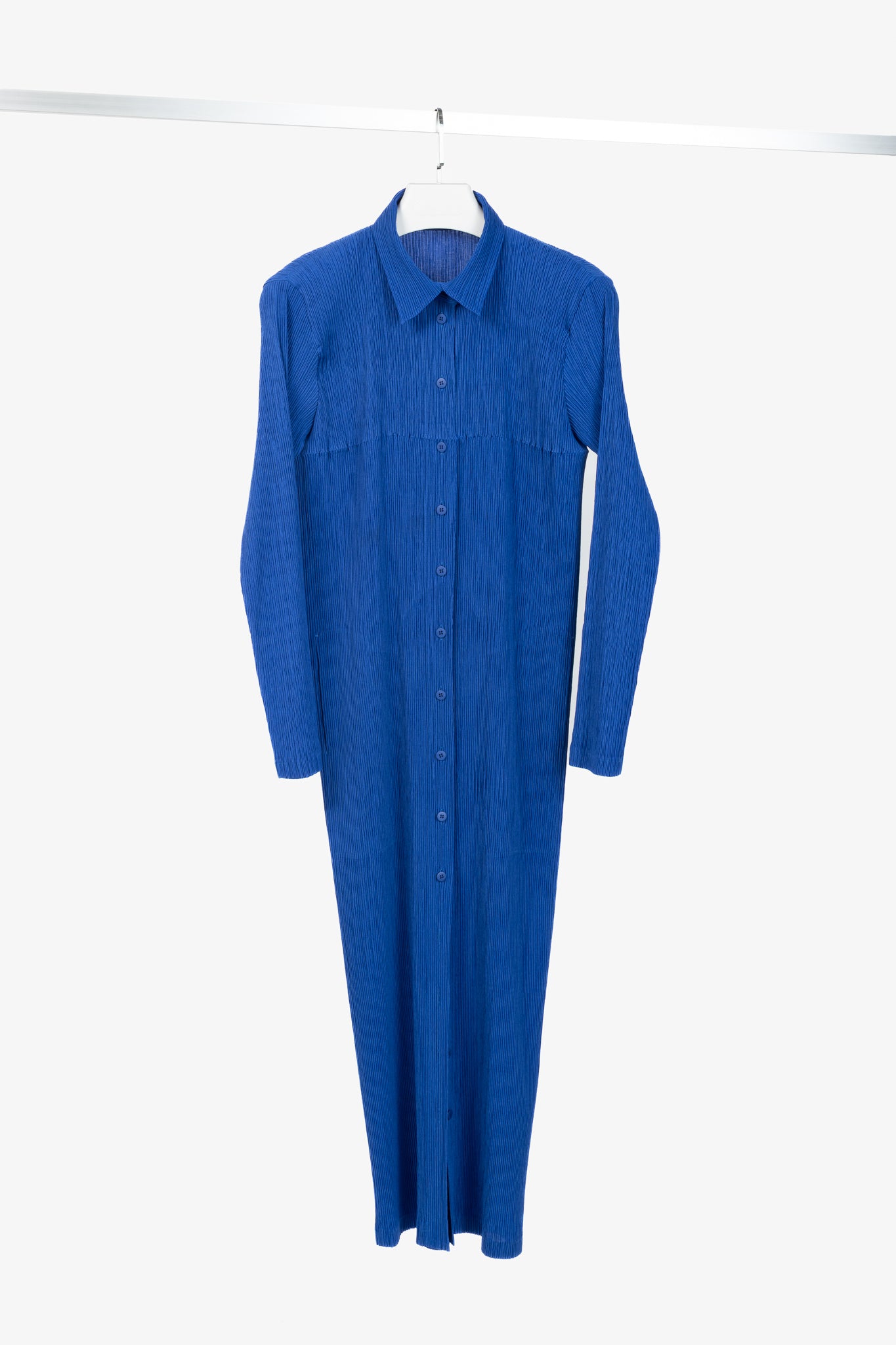 Issey Miyake Cobalt-Blue Pleated Long-Sleeve Buttoned Maxi Dress