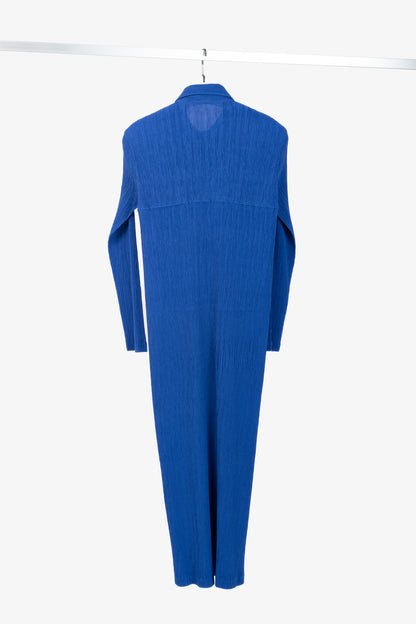 Issey Miyake Cobalt-Blue Pleated Long-Sleeve Buttoned Maxi Dress
