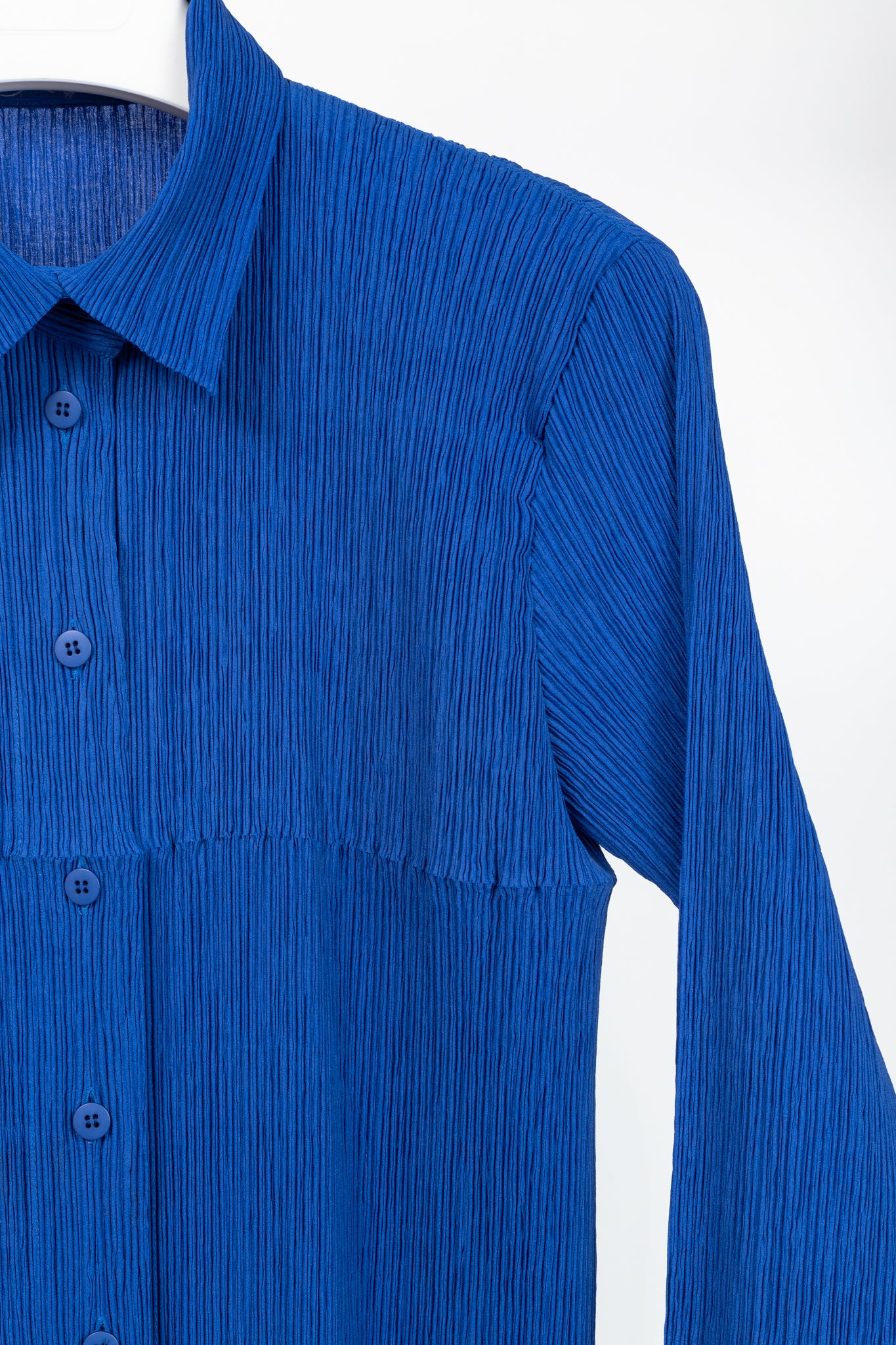 Issey Miyake Cobalt-Blue Pleated Long-Sleeve Buttoned Maxi Dress