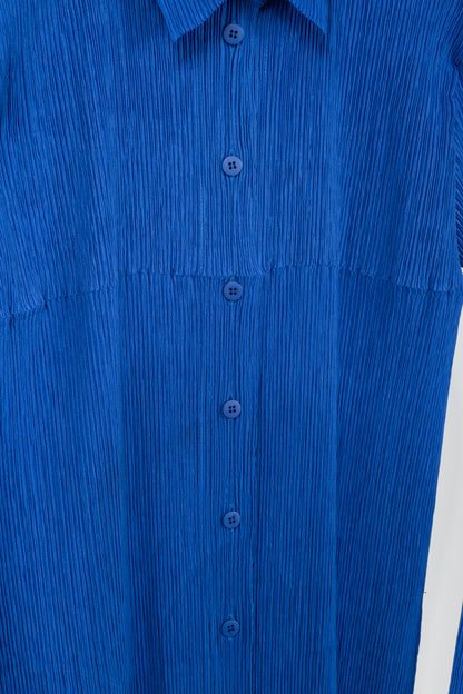 Issey Miyake Cobalt-Blue Pleated Long-Sleeve Buttoned Maxi Dress