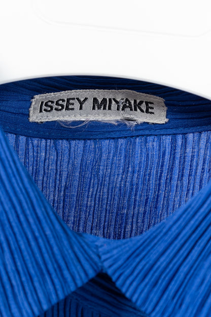 Issey Miyake Cobalt-Blue Pleated Long-Sleeve Buttoned Maxi Dress