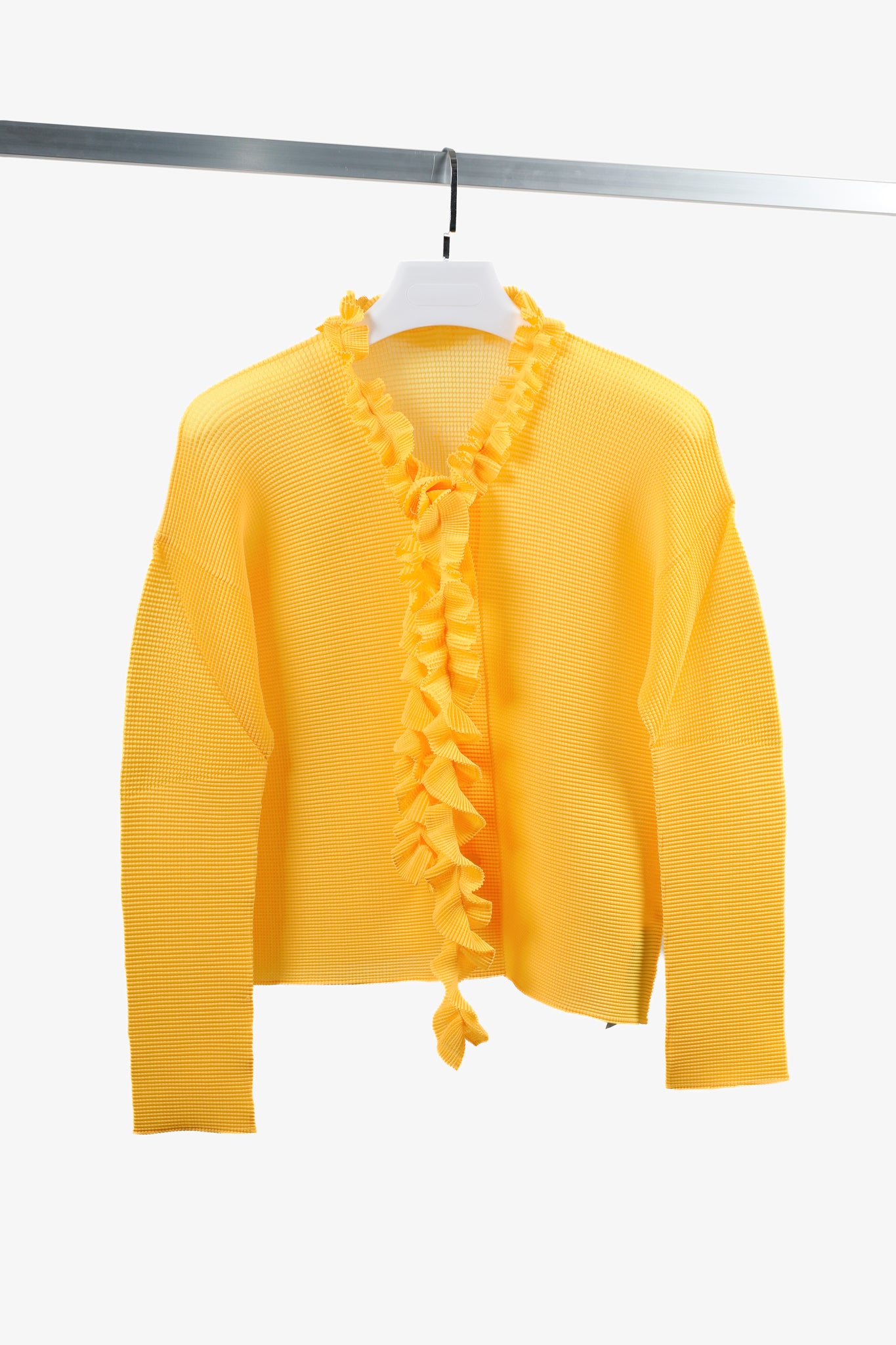 Issey Miyake Bright Yellow Pleat Ruffle Tie Cardigan