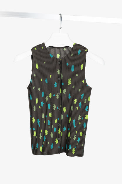 Issey Miyake Green Floral Pleated Sleeveless Buttoned Top